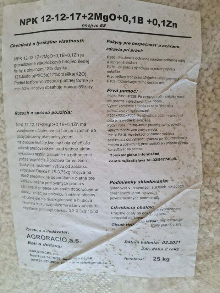 NPK 12-12-17+2MgO+0,1Bór+0,1Zn - Agroracio 25 KG