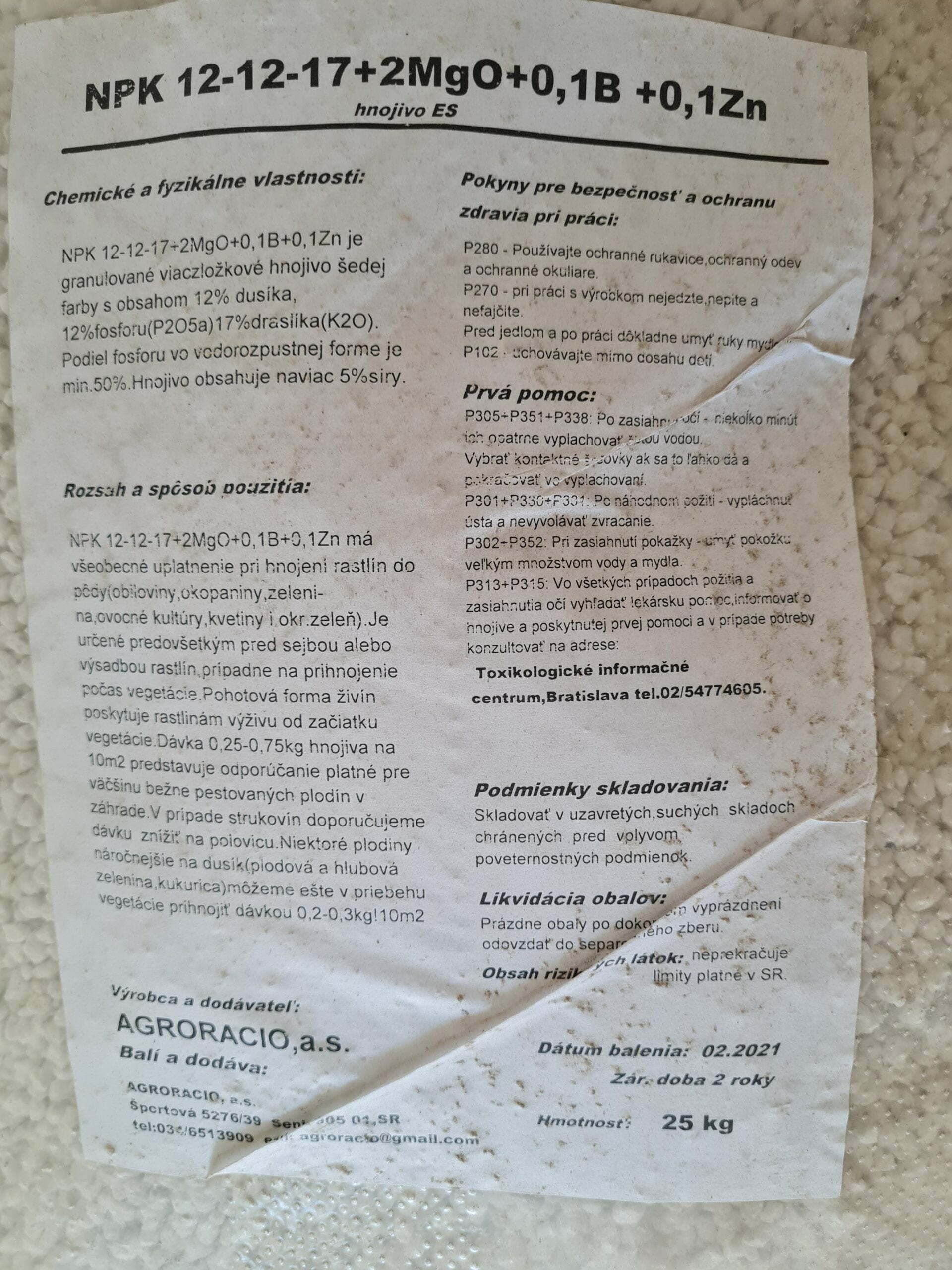 NPK 12-12-17+2MgO+0,1Bór+0,1Zn - Agroracio 25 KG